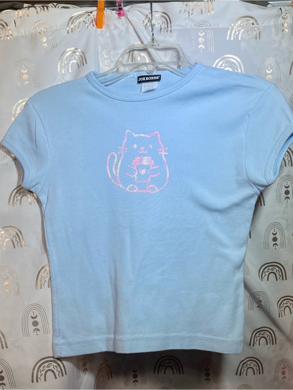 Up Cycled Joe Boxer Light Blue Tee with Pink Glitter Cat Graphic
